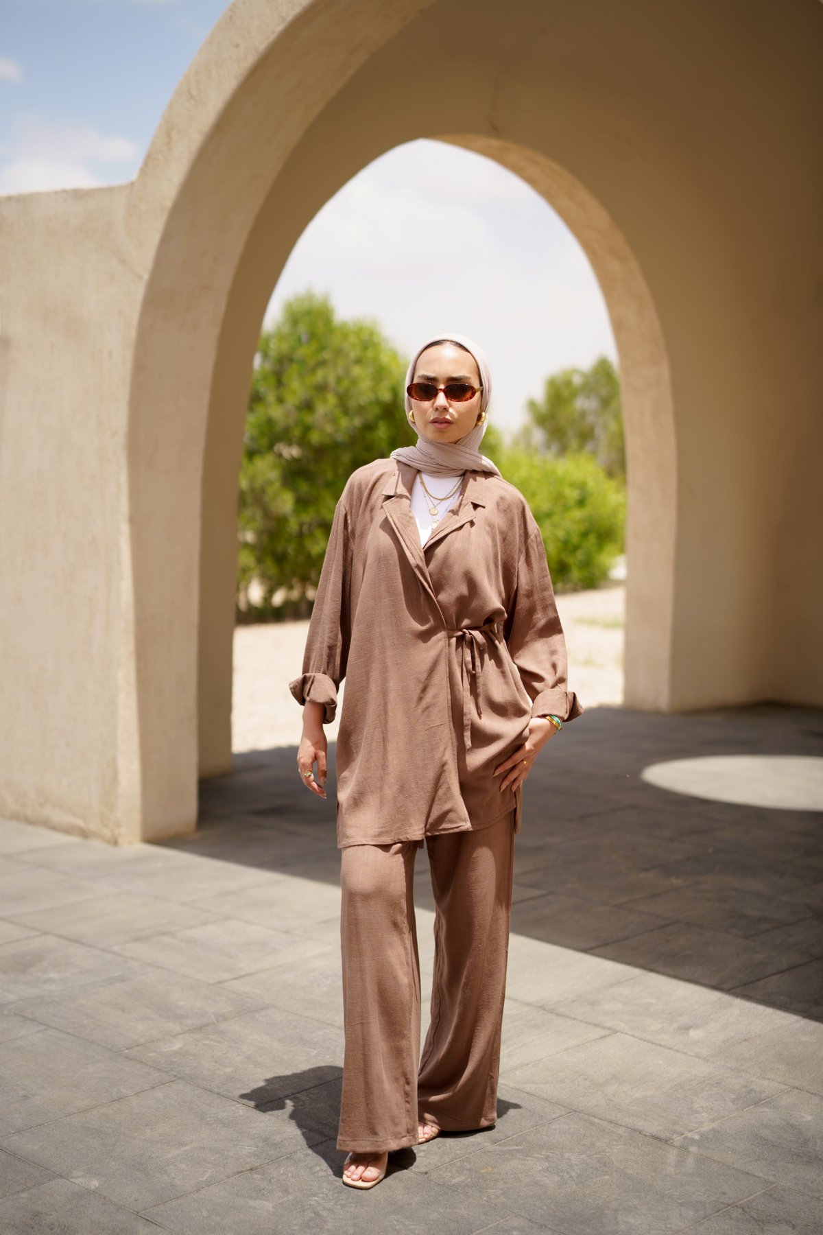 warp blazer linen set - brown